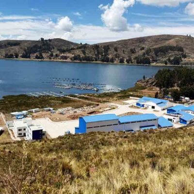 planta piscícola en el lago Titicaca